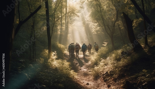 Group of people hiking through foggy forest generated by AI