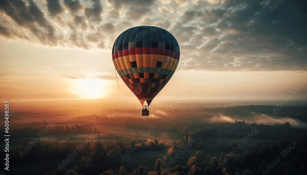 Levitating hot air balloon soars over mountains generated by AI
