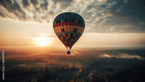Levitating hot air balloon soars over mountains generated by AI