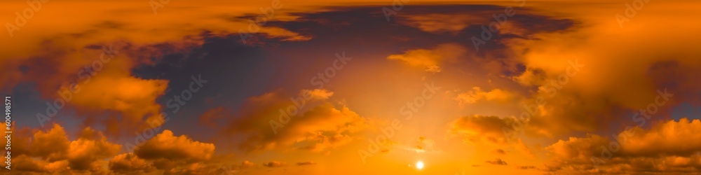 Blue Orange evening sky seamless panorama spherical equirectangular 360 degree view with Cumulus clouds, setting sun. Climate and weather change.