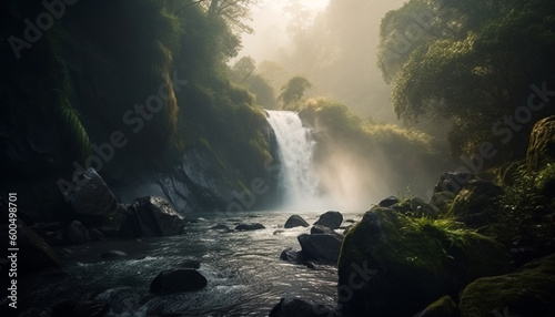 Majestic mountain range, tranquil scene, flowing water generated by AI