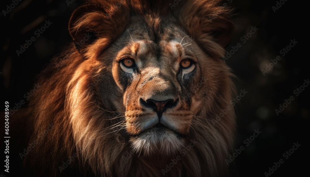 Fototapeta premium Majestic lion staring with strength in savannah generated by AI