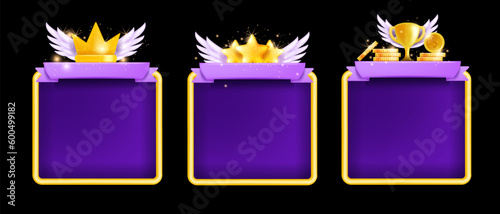 3D game frame UI background shield, vector victory player award, winner level up menu board, stars. Cartoon magic mobile app achievement kit, golden cup, crown, wings. Game frame reward prize medal