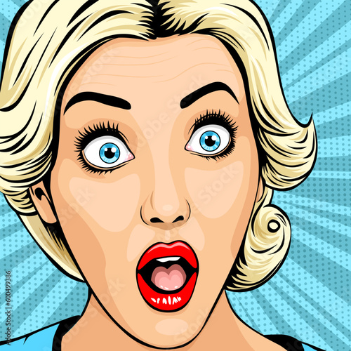 Beautiful blonde woman with wide open eyes and open mouth, vintage pop art comic style, vector illustration