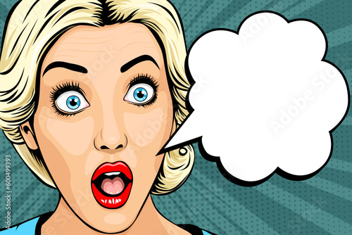Beautiful blonde woman with wide open eyes and speech bubble, vintage pop art comic style, vector illustration