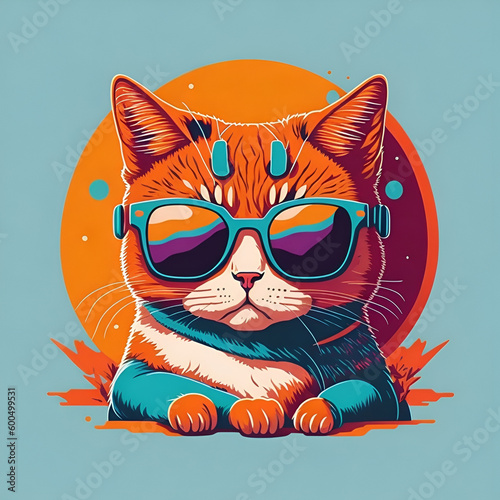 Artwork of t-shirt graphic design  flat illustration of one retro cute cat  wearing a sunglasses