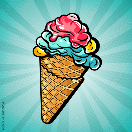 Rainbow appetizing ice cream in a waffle cone overpop art background, vector comic illustration