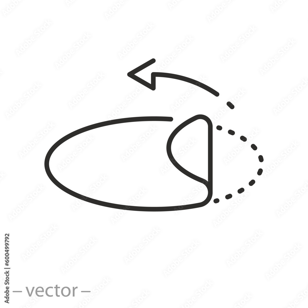 peel off sticker icon, open here, arrow pulling edge, thin line symbol