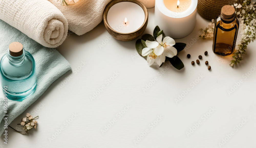 Serene Relaxation Haven. Empty background with a massage table adorned with towels, candles, and aromatherapy oils. Copy space for text. Spa retreat, wellness AI Generative Serene Relaxation Haven. Empty background with a massage table adorned with towels, candles, and aromatherapy oils. Copy space for text. Spa retreat, wellness AI Generative