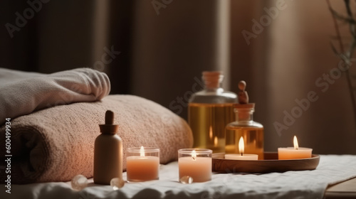 Serene Relaxation Haven. Empty background with a massage table adorned with towels  candles  and aromatherapy oils. Copy space for text. Spa retreat  wellness AI Generative