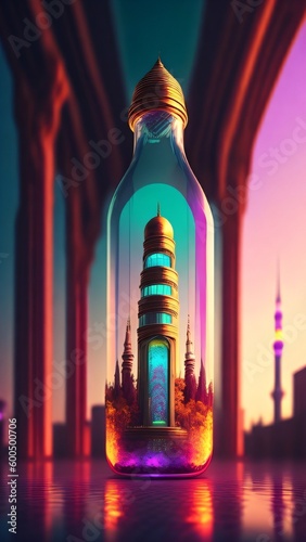 mosque in bottle glass, cyberpunk, architecture mosque 
