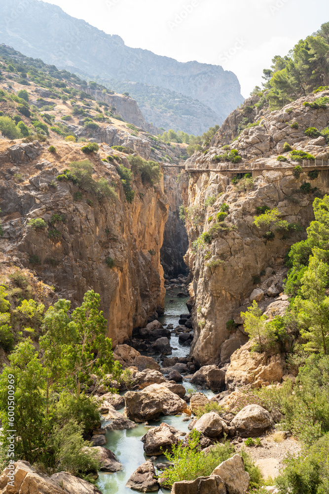 Views of the Caminito del Rey in Malaga, gorges, valleys, walkways, metal walkways, walking along a ferrata route during a sunny summer day