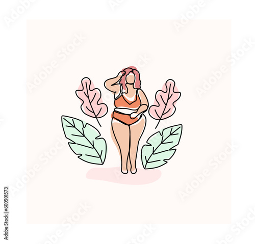 Happy body positive woman. Plus size woman on a background of leaves