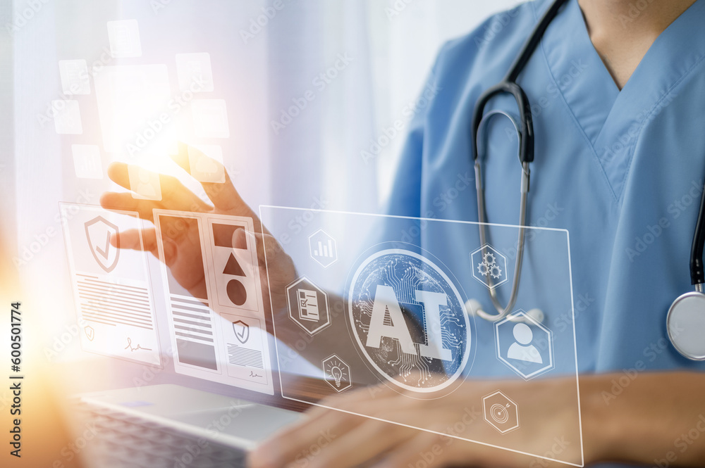 Doctor AI computer, artificial intelligence in modern medical technology and IOT automation. Doctor using AI document management concept.