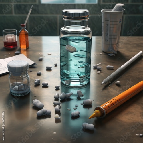 Medicine pills and syringue on a table. Generative AI illustration. photo