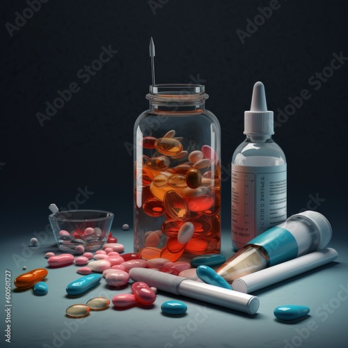 Medicine pills and syringue on a table. Generative AI illustration. photo