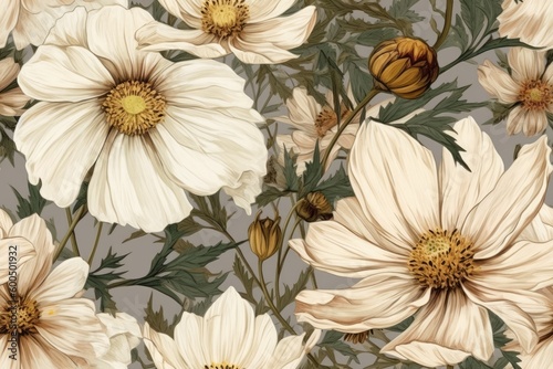 White cosmos vintage blossom seamless pattern design,generative ai.