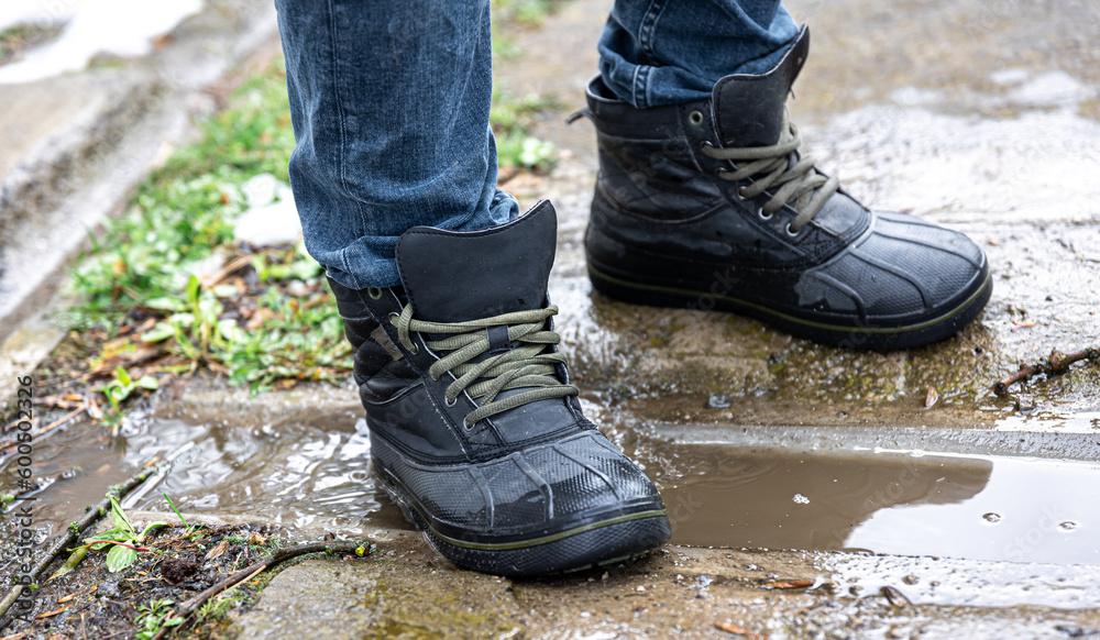 Quality waterproof boots for bad weather, close-up.