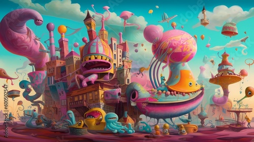 Surreal, Colorful and Dynamic Composition with Fun and Entertaining Elements in a Happy Fantasy Landscape View. Abstract Artwork Generative AI  © info@nextmars.com
