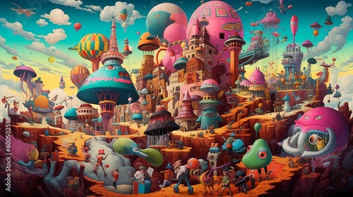 Surreal, Colorful and Dynamic Composition with Fun and Entertaining Elements in a Happy Fantasy Landscape View. Abstract Artwork Generative AI
