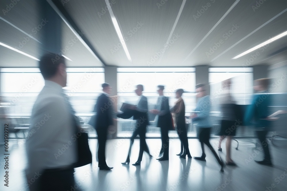 Group of business people walking at modern open space, generative ai, busy people crowd