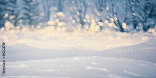 Christmas winter blurred background, generative ai image of snowy landscape with festive glow