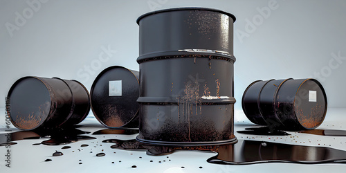 black oil barrels with crude sign spill oil on the floor, industry concept, Generative AI