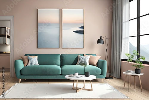 Mockup frame in interior background, room in light pastel colors, scandiboho style, 3d render. Generative AI © Pixel Matrix