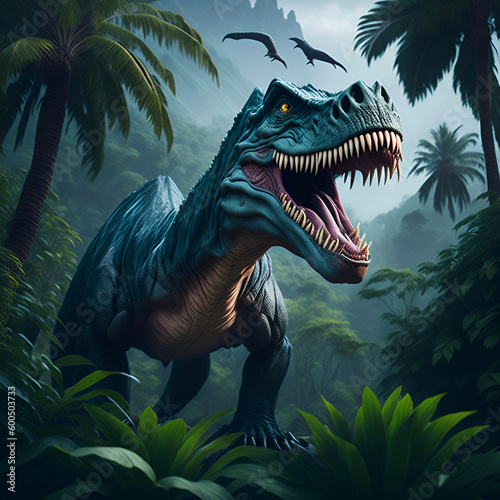 A majestic, roaring Tyrannosaurus Rex, surrounded by a lush prehistoric jungle © Generative Ai