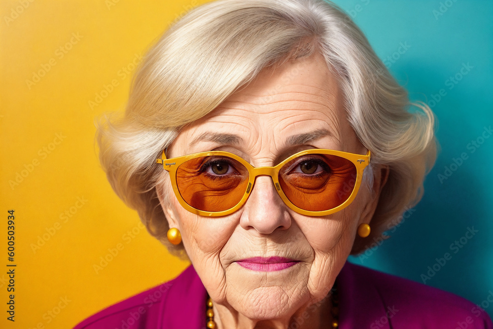 Portrait of a stylish elderly caucasian woman with blonde hair and sunglasses on abstract colorful painted wall background, summer vibrancy. Generative AI. Portrait of a stylish elderly caucasian woman with blonde hair and sunglasses on abstract colorful painted wall background, summer vibrancy. Generative AI.