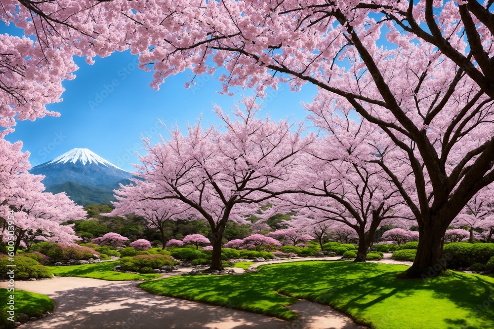 Sakura blossoms in japanese style ornamental garden, beautiful landscape. Generative AI. Sakura blossoms in japanese style ornamental garden, beautiful landscape. Generative AI.