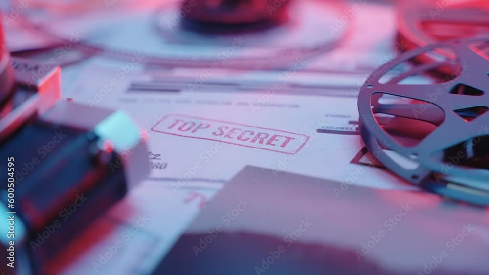 Camera pulls away from Top Secret red stamp marked on official classified paper. Security clearance marked on document of government leaked information. Retro looking desk with film reels and photos
