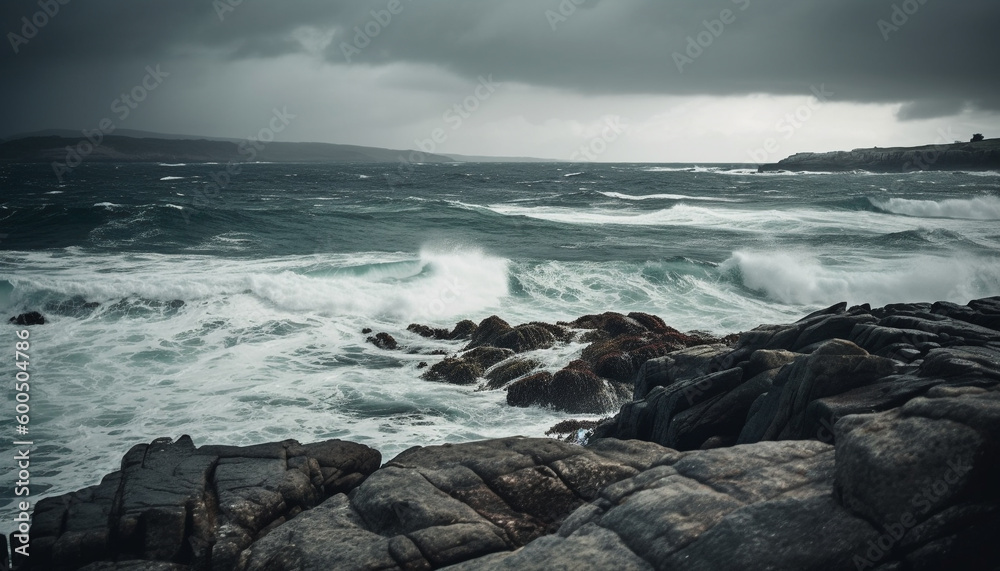 Fototapeta premium Breaking waves crash against rocky coastline beauty generated by AI