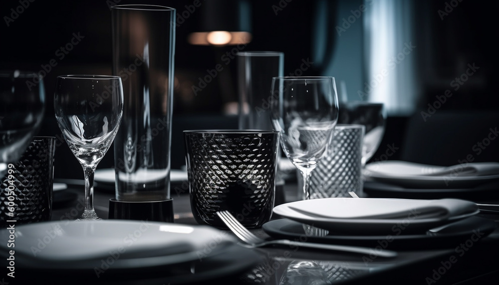 Luxury dining: modern elegance with crystal glassware generated by AI Luxury dining: modern elegance with crystal glassware generated by AI