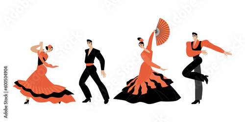 Flamenco collection. Set of vector illustrations of men and women dancing traditional spanish dances. Couples in folk costumes