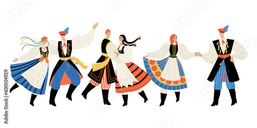 Set of vector illustrations of men and women dancing traditional polish dances. Couples in folk costumes photo
