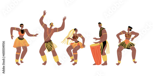 Set of vector illustrations of men and women dancing traditional African dances. Cute characters