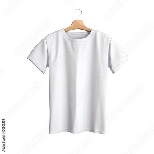 Blank white t-shirt mockup hanging on a trempel on Isolated Transparent png background. Generative ai