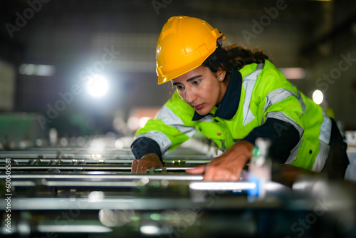 Factory engineer Brazilian woman checking and reparing mahine at heavy factory.Worker works at heavy machine at industry factory. with machinery equipment plant technology. photo