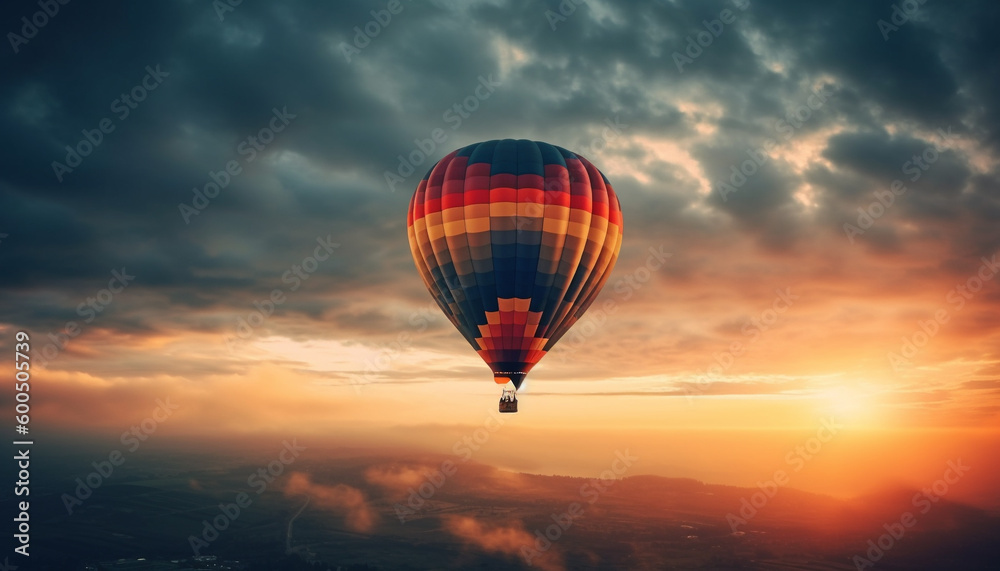 Obraz premium Multi colored balloon soars high in vibrant sky generated by AI