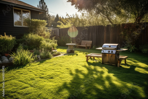Outdoor dining table and barbeque grill in the back yard of a house. Generative AI