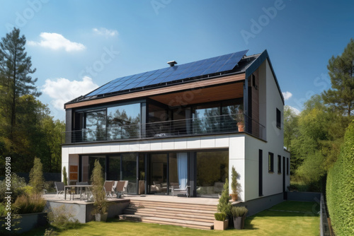 Solar panels on a gable roof. Beautiful, large modern house and solar energy. Generative AI © barmaleeva