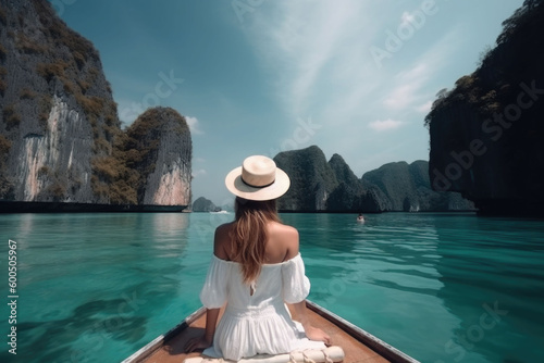 Tourist woman in dress relaxing on boat at the beautiful islands, back view. Generative AI © barmaleeva