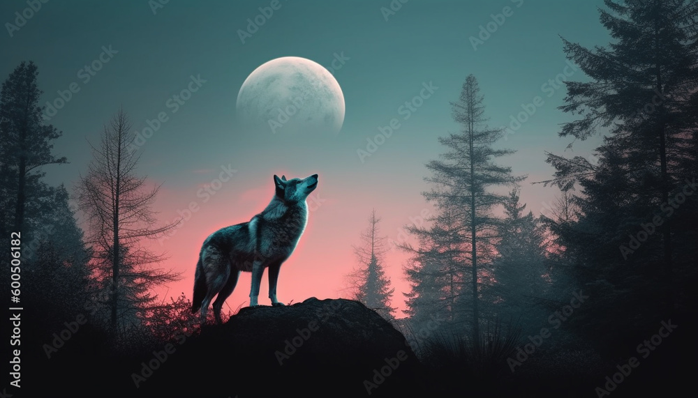 Silhouette of wolf howling at midnight moon generated by AI Silhouette of wolf howling at midnight moon generated by AI