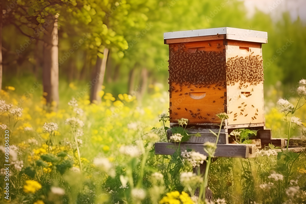 Beehive with bee colony in a meadow in summer, honey production, generative AI. Beehive with bee colony in a meadow in summer, honey production, generative AI.