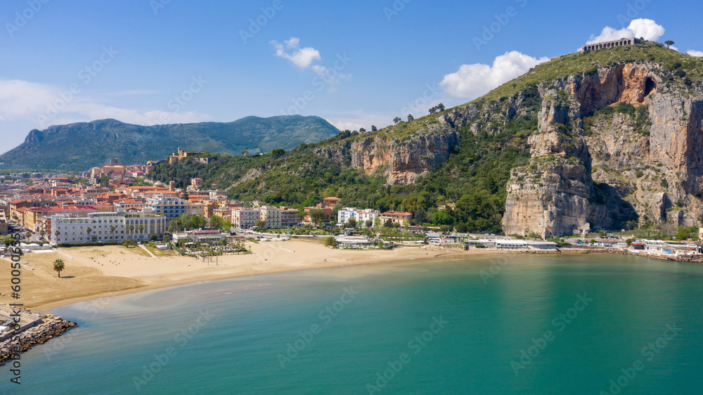 Aerial view of the Levante beach in Terracina, in the province of Latina, Italy. In the foreground is the Sant'Angelo mount.