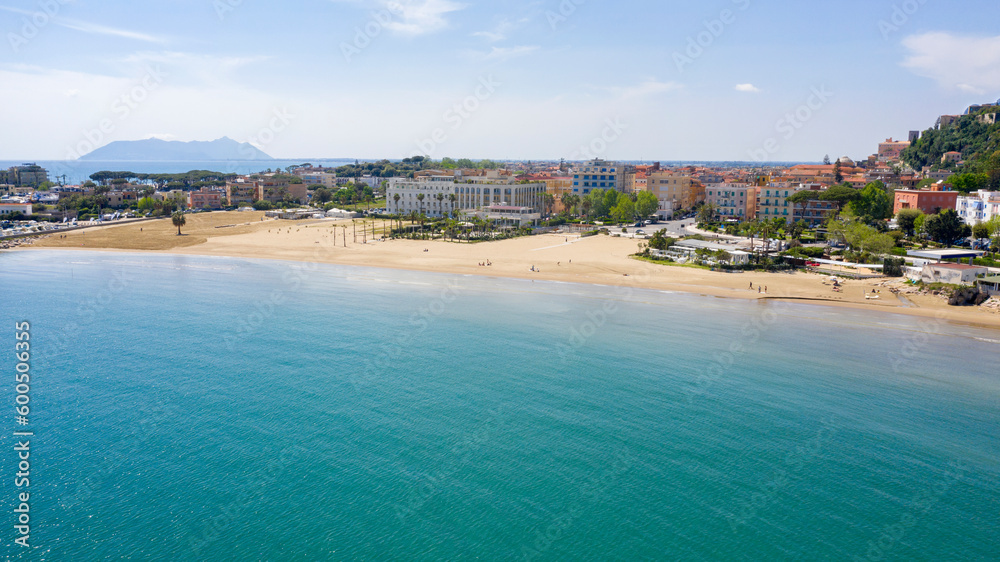 Aerial view of the Levante beach in Terracina, in the province of Latina, Italy. In the background the Circeo promontory.