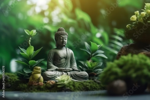Buddha statue in a zen garden  meditation and Buddhism concept. Generative AI