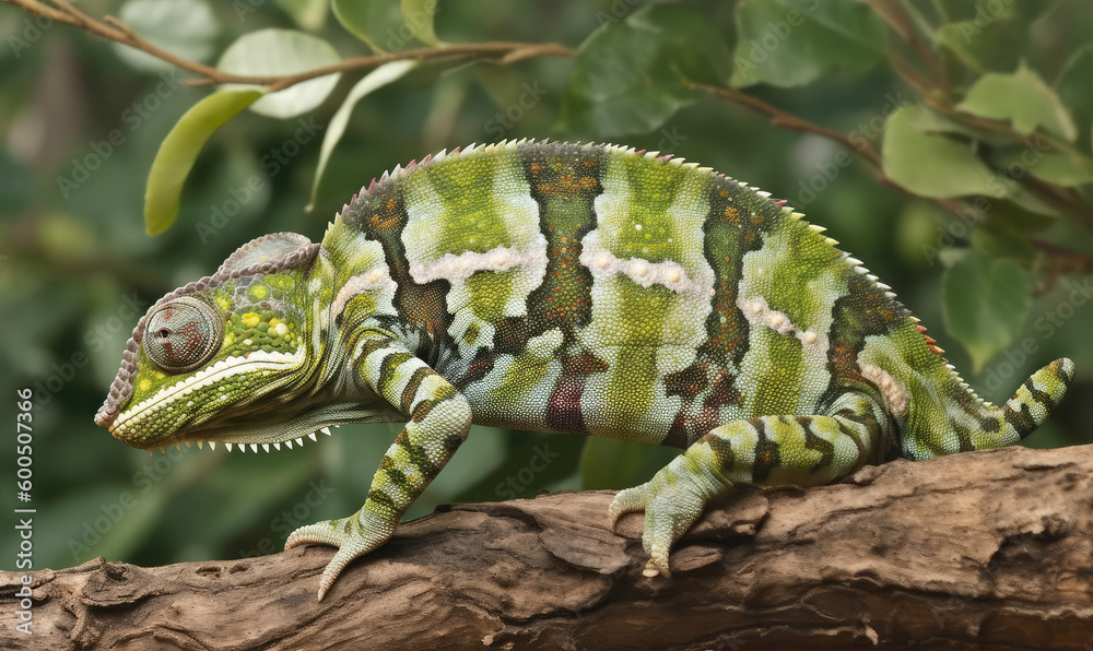 A green chameleon lizard camouflaging on a branch. Generative AI A green chameleon lizard camouflaging on a branch. Generative AI