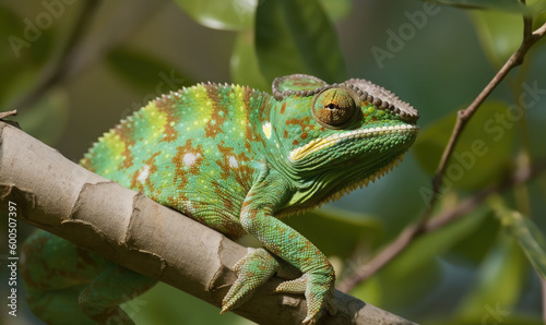Portrait of a green chameleon on a tree branch. Generative AI